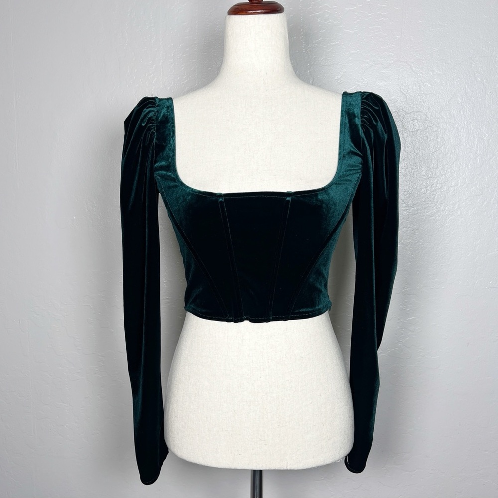 ZARA Women’s Size S Green Velvet Long Puff Sleeve Cropped Square-Neck Corset Top - Picture 2 of 14